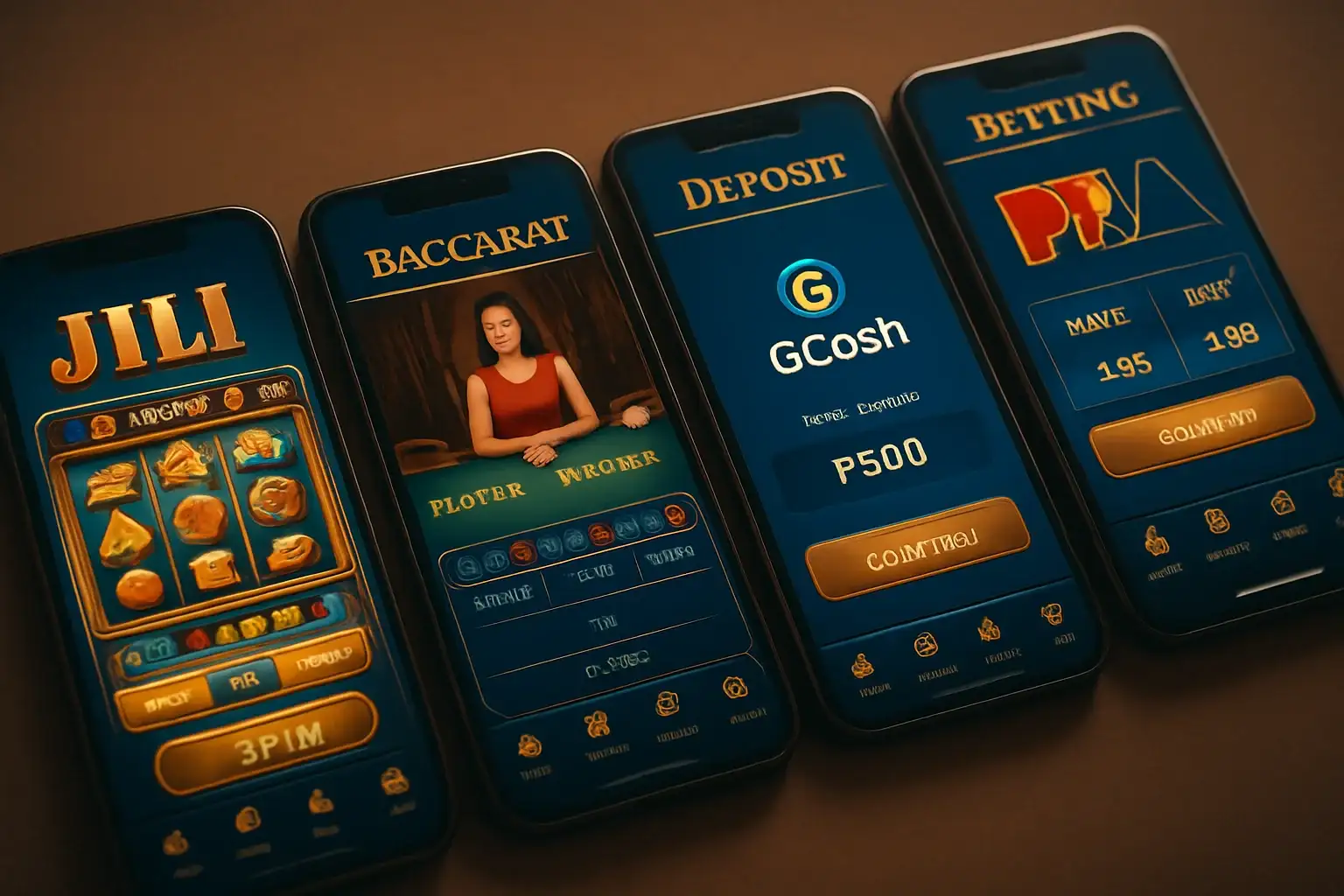 Multiple Android screens showing Philippine casino app with slots, baccarat, GCash, sports betting