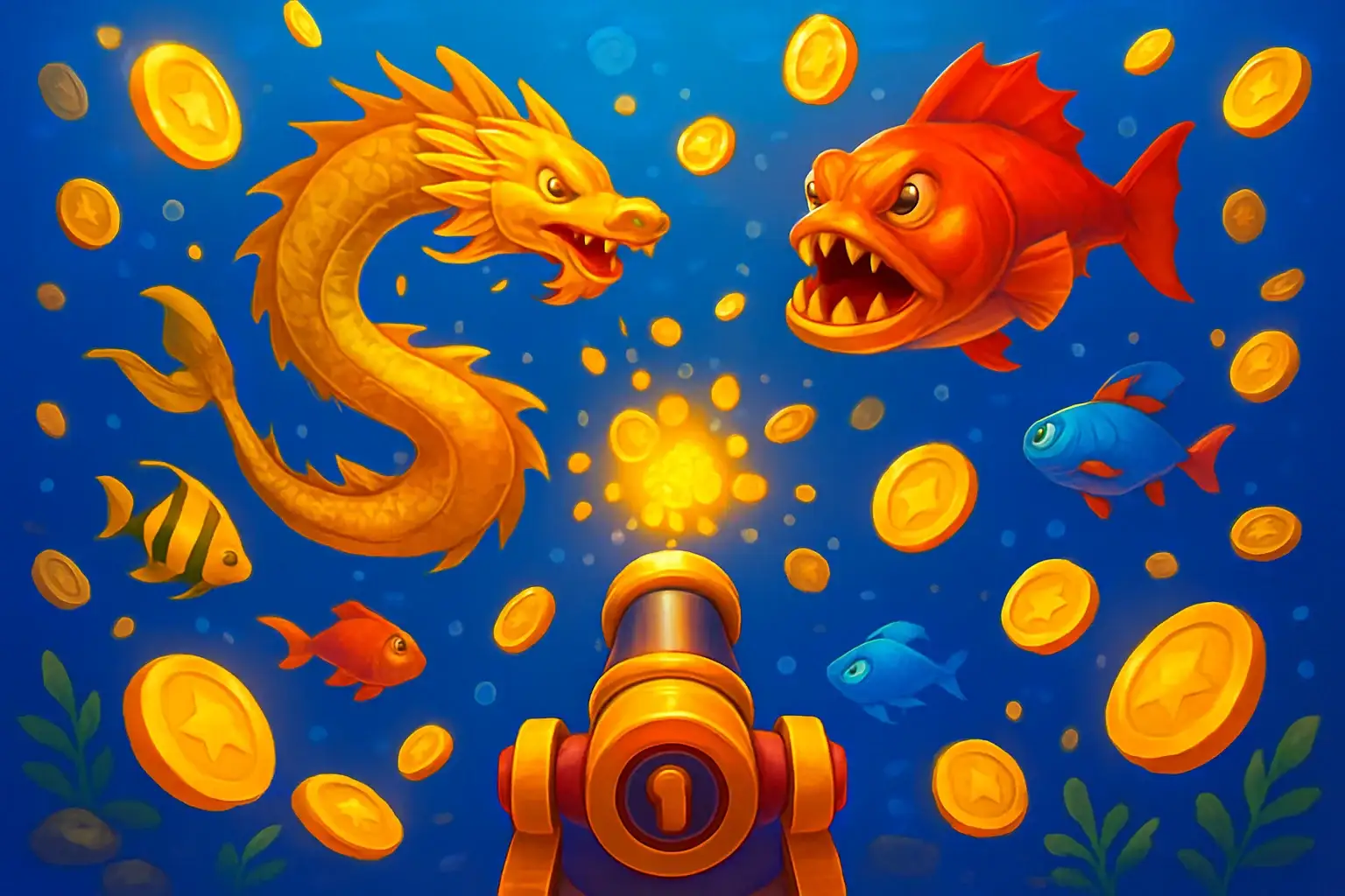 Vibrant Philippine casino fishing game with colorful fish and cannon UI