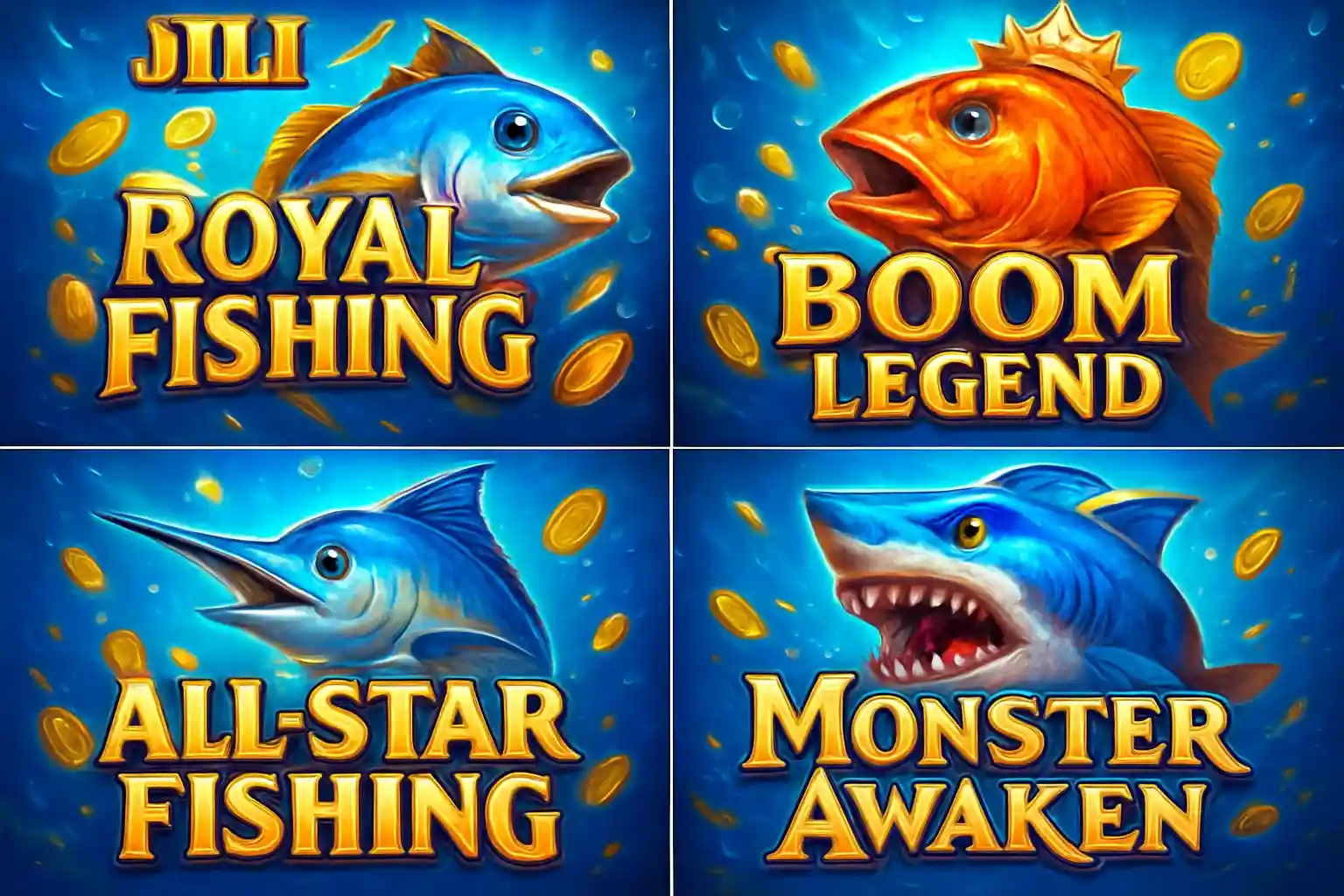 Grid of popular Philippine fishing game thumbnails in vibrant blue and gold