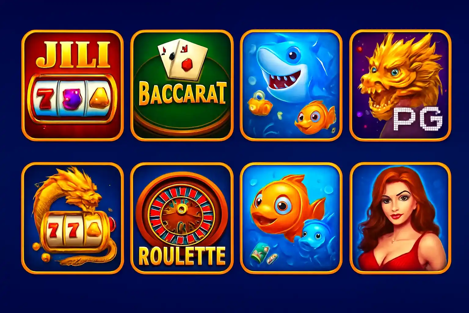Colorful grid of Philippine casino game thumbnails with JILI slots and baccarat