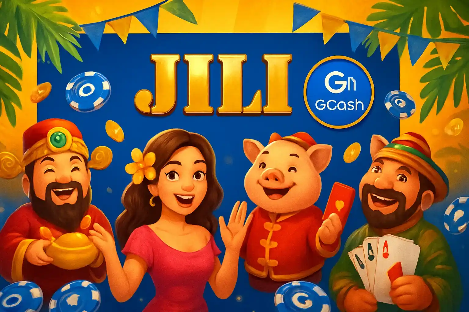Vibrant Philippine online casino hero banner with JILI characters and GCash badge