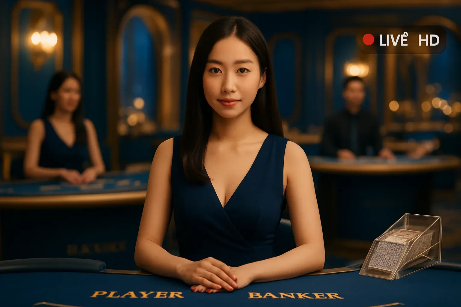 Elegant live casino studio with Asian dealers, baccarat and blackjack tables