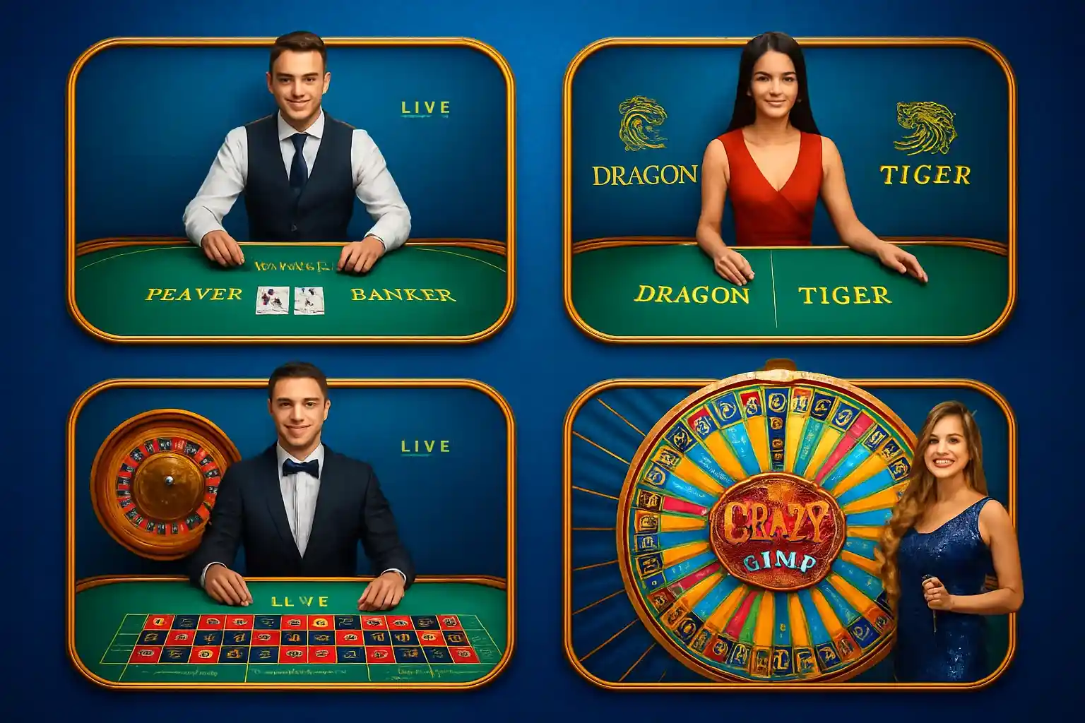 Live casino game cards with dealers, baccarat, roulette, and Crazy Time wheel