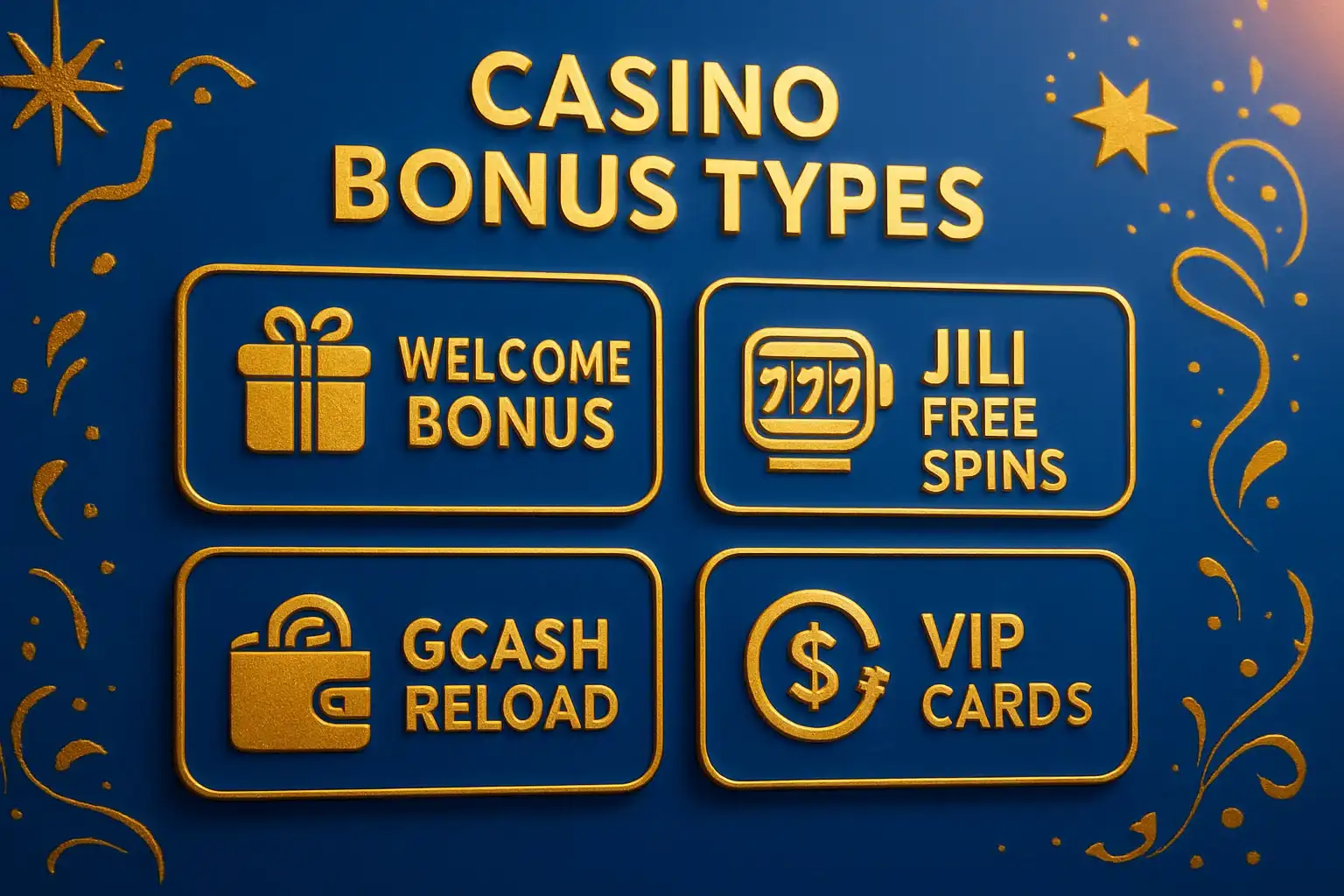 Casino bonus types display with welcome bonus, JILI free spins, GCash reload, cashback, VIP cards
