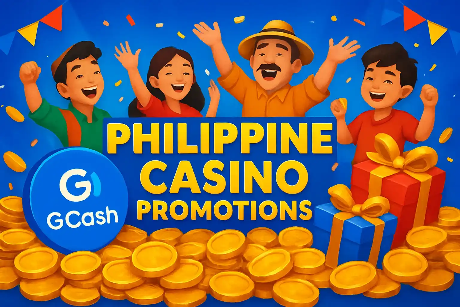Philippine casino promotions banner with GCash badge, JILI characters, gold coins