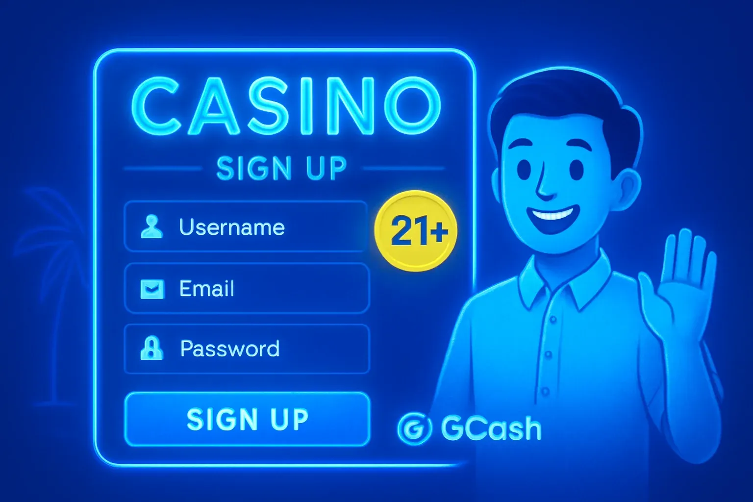 Philippine casino registration page with GCash logo and gold 21+ badge