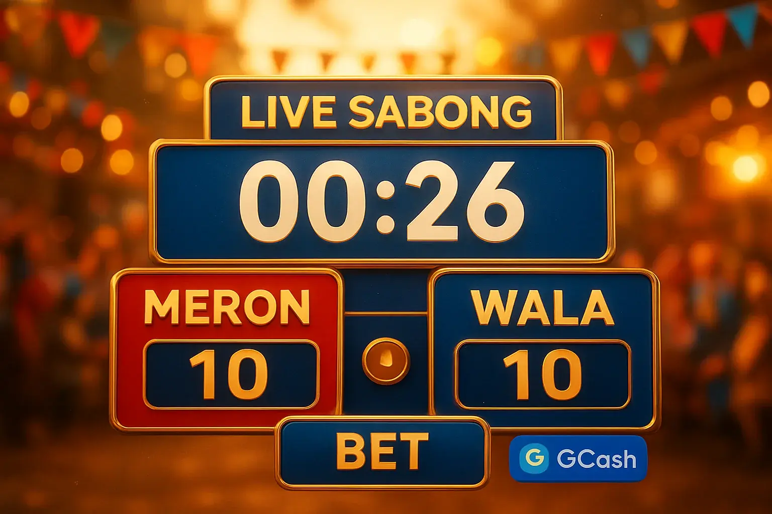 Live sabong countdown timer with Meron vs Wala betting panel and GCash badge