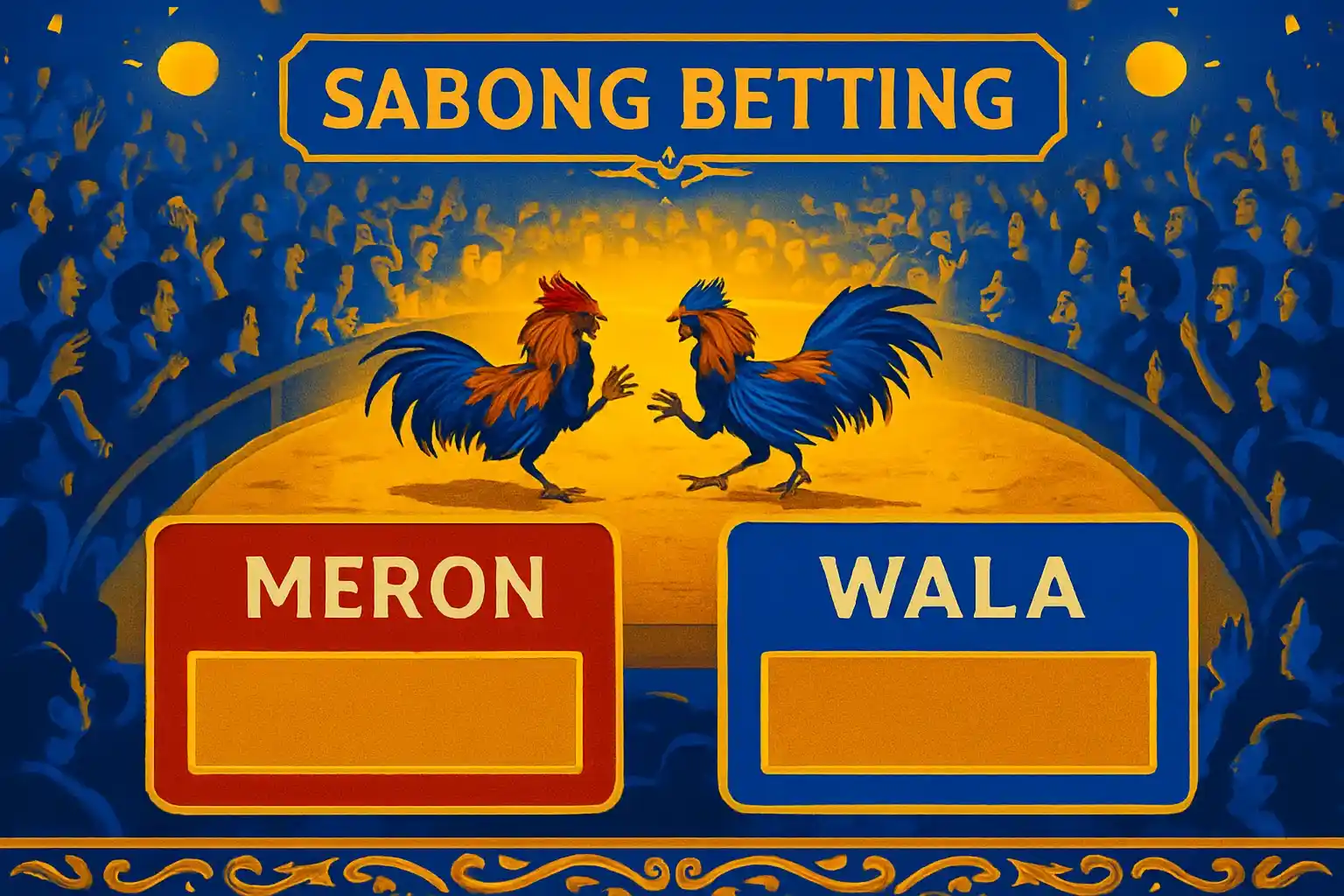 Philippine online sabong betting interface with Meron and Wala panels in blue and gold