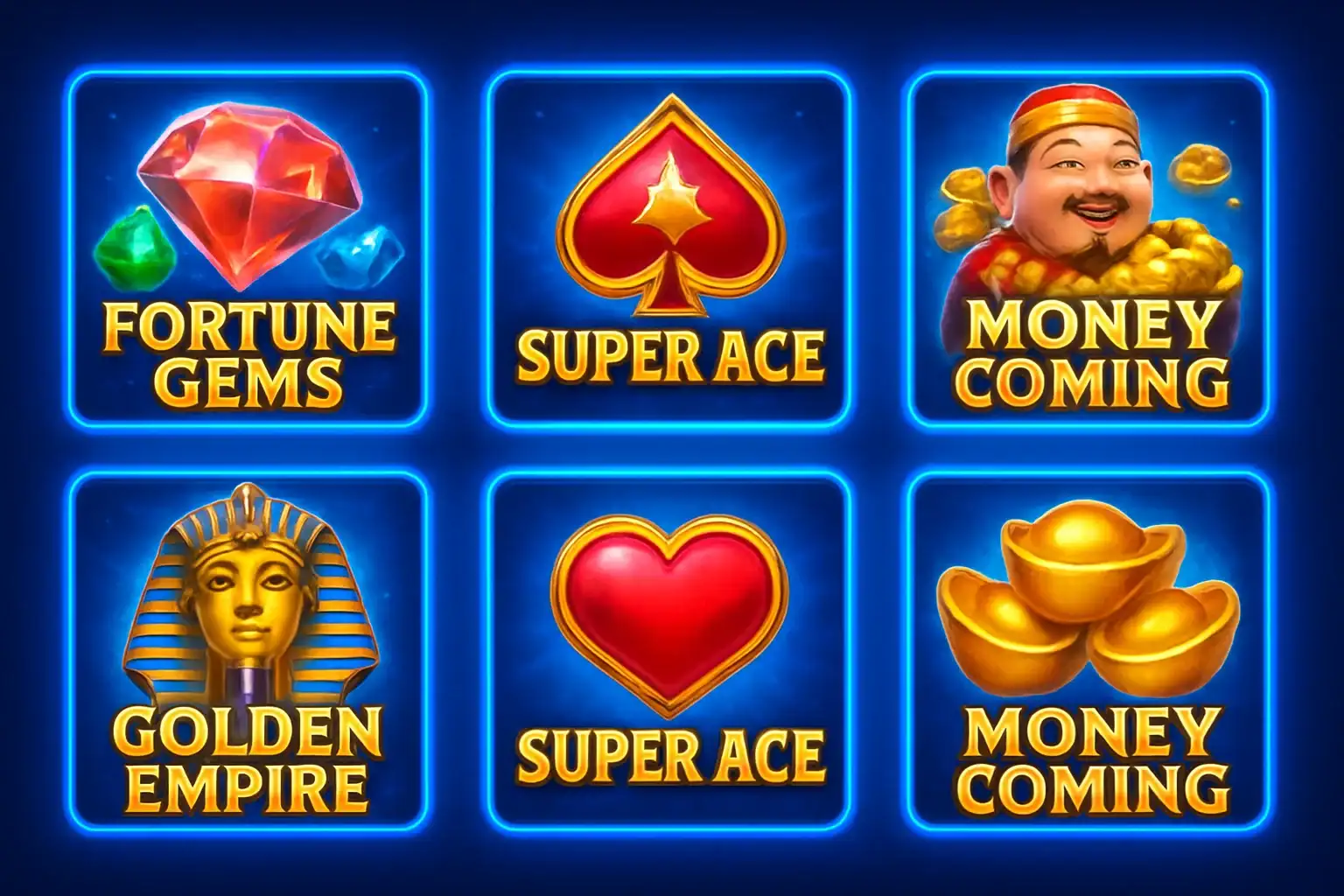 Grid of JILI and PG Soft slot game thumbnails on blue background