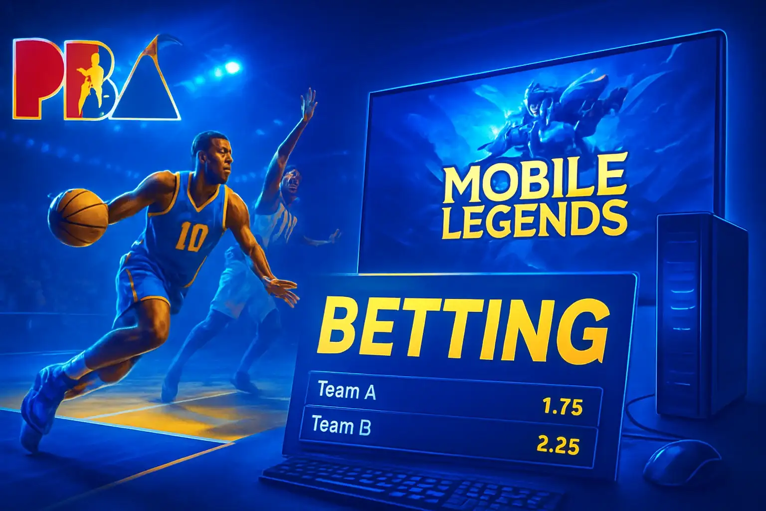 Philippine sports betting banner with PBA action and Mobile Legends setup